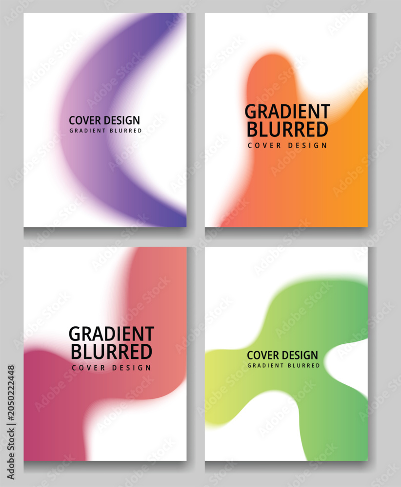 Fototapeta premium Abstract Soft Gradient Blurred Organic Wave Poster Set Four Vertical Layouts Smooth Flowing Purple Orange Red Pink Green White Background Modern Minimal Typography Digital Design Art