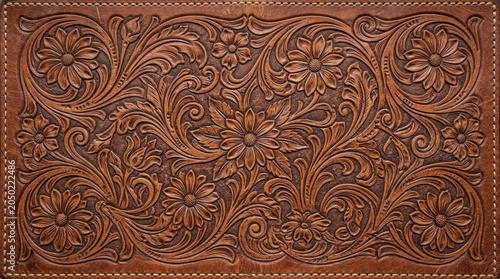Western hand tooled leather panel with embossed floral scroll pattern and visible stitching border in warm brown tones