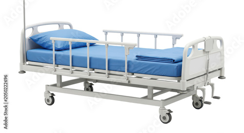 A hospital bed with blue bedding, adjustable side rails, and wheels designed for patient care and mobility.