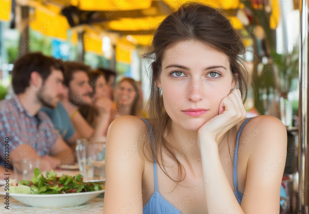 Fototapeta premium A young woman with long brown hair rests her chin on her hand at a restaurant. Friends sit at the table enjoying their food and drinks