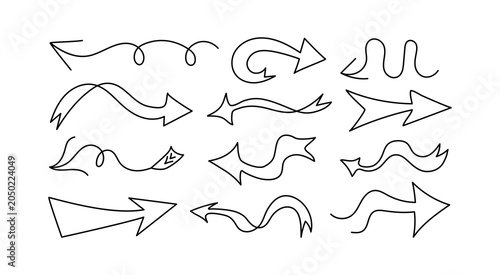Arrow set, doodle style, drawings. Diverse, many arrows and pointers. Black and white vector illustration.