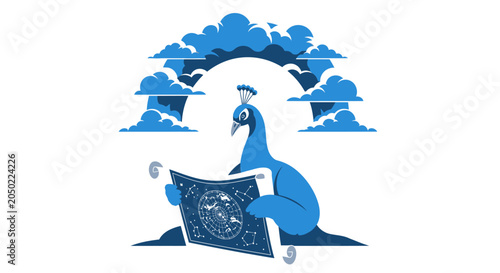 Fotografie Peacock reading astrological chart under cloudy arch