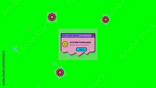 Stylized computer system failure notification popup window featuring a sad emoji on a vivid green aesthetic background