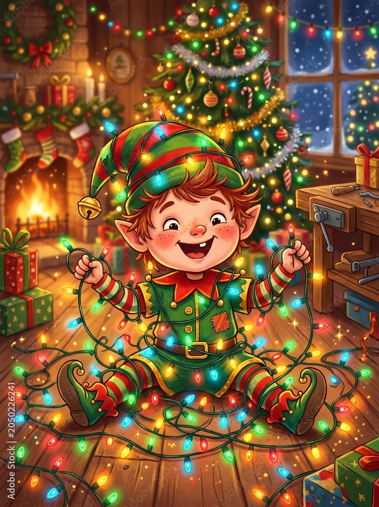 Fototapeta premium funny Christmas elf tangled in colorful holiday lights, playful expression, bright festive colors, whimsical Christmas illustration