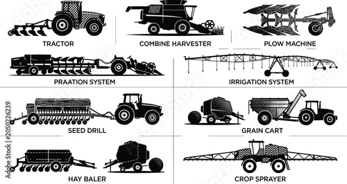 Schilderij op canvas Agricultural Machinery Vector Icons Set with Tractor Combine Harvester Plow Seed