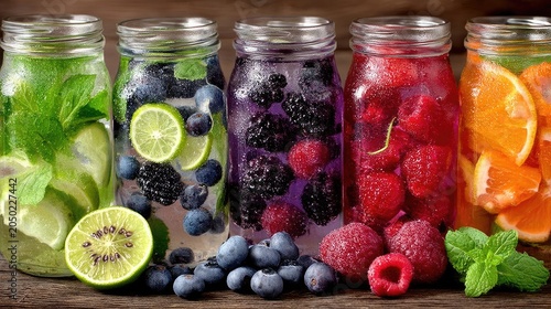 Colorful Mason Jars Filled with Fresh Fruit Infused Water on Wooden Surface