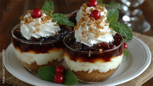 Creamy Layered Dessert Parfait Topped with Whipped Cream and Berry in Glass Bowl on Plate