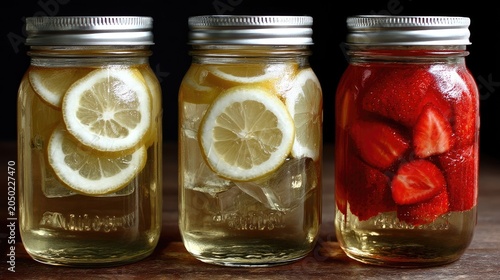 Glass Mason Jars Filled with Lemon Slices and Strawberry Infused Water on Wooden Surface