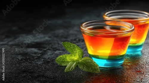 Colorful Layered Cocktail Shots with Mint Leaf on Dark Surface