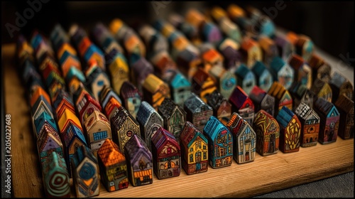 Colorful Miniature Wooden Houses Arranged in Rows on Display Table