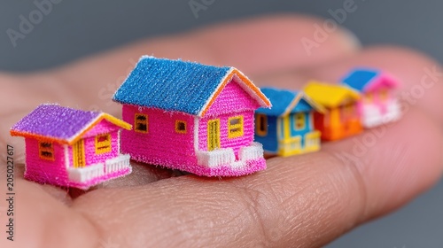 Colorful Tiny Model Houses Sitting on Human Finger