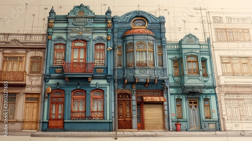 Ornate Blue Historic Facade with Bay Window and Decorative Balcony on Urban Street