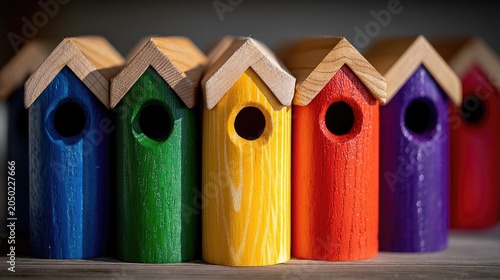 Colorful Wooden Birdhouse Row Arranged on Wooden Surface in Soft Light