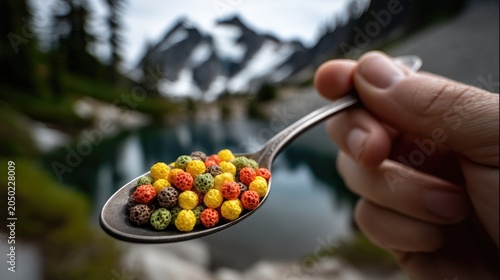 Hand Holding Spoon with Colorful Cereal Against Mountain Lake Landscape