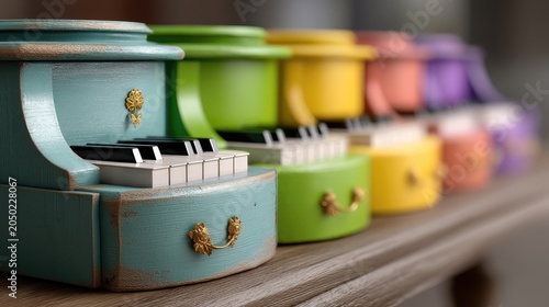 Colorful Vintage Toy Piano Collection Arranged on Wooden Shelf