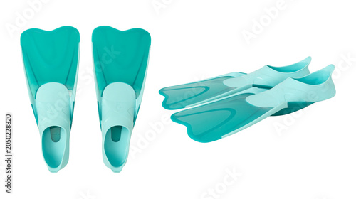 Set of aqua blue swimming fins isolated on white background with flippers swimming snorkeling equipment isolated collection vacation recreation activity training