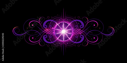 Abstract glowing mandala with swirling purple and pink lights on black background
