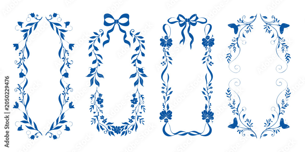 Fototapeta premium Elegant blue floral frames with bows and butterflies on white background for invitations or stationery design