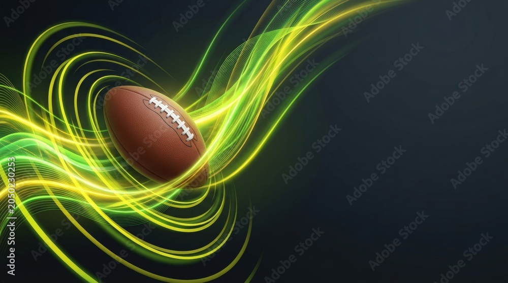 Naklejka premium American football with dynamic yellow and green curved light streaks