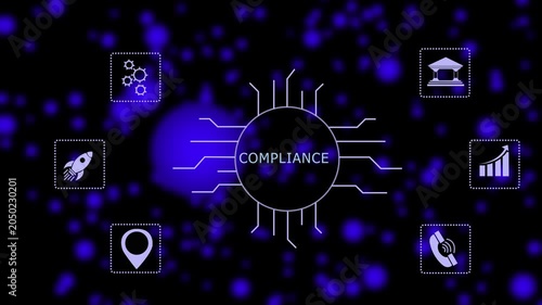 compliance System Software Automation concept on virtual screen data center. Modern Technology, Internet and social media icons 4K animation