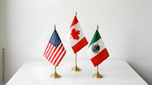 Flags of usa canada and mexico on gold stands