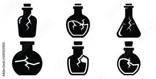 Photography Collection of potion bottle cracked silhouette icon set