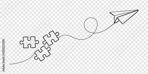 Puzzle pieces and paper airplane continuous one line drawing, continuous line drawing of paper plane flying up connected with puzzle pieces jigsaw problem solving and solution business metaphor idea