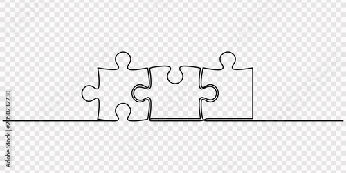 Jigsaw pieces continuous one line drawing of puzzle vector on transparent background, Puzzle vector illustration of continuous one line art design, Continuous one line drawing of puzzle Puzzle icon