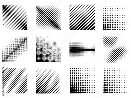 Halftone and line pattern set abstract vector graphics collection