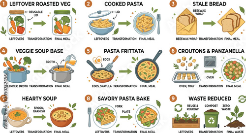 Fotografia Sustainable zero waste cooking infographic template showing transformation of le