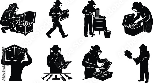 Foto Beekeeping and Apiary Workers Silhouettes Icons Set with Beekeeper Inspecting Hi