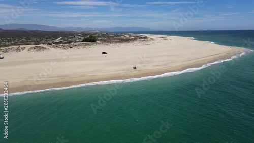 Aerial view of Punta Arena beach with turquoise waters in Baja California Sur, Mexico.