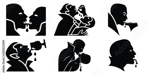 Tableau sur toile Collection of vampire drinking blood silhouette icon set