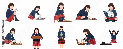 Bild auf Leinwand Flat vector illustration set of a young girl in school uniform playing chess, st