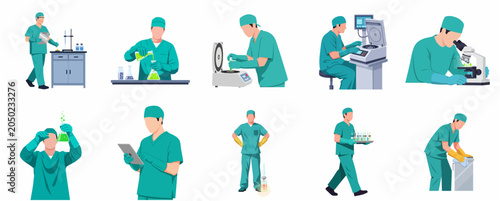 Medical Laboratory Scientists and Researchers Collection with Lab Equipment and Experiments Flat Illustration