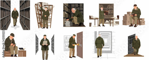 Tableau sur toile Collection of flat vector illustrations depicting an elderly librarian or archivist conducting research among rows of books and historical documents in an archive