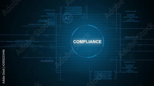 Futuristic AI compliance text concept inside glowing circular HUD digital UI interface with secure data streams tracking over a dark blue high-tech background.