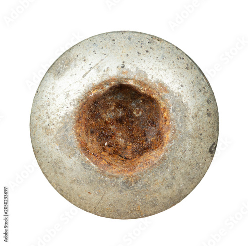 Rusty hexagonal screw head isolated on white