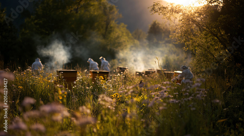 Beekeepers in white protective suits tend rows of wooden hives in a sunlit wildflower meadow as smoke drifts in golden evening light