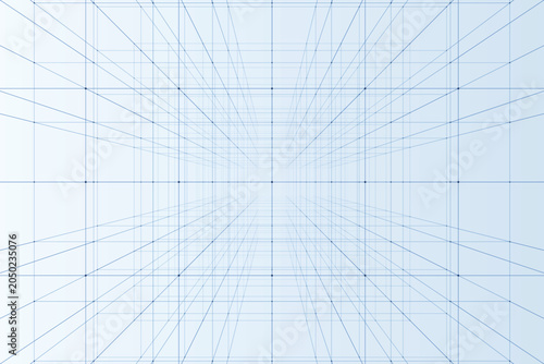Foto One-point perspective grid with converging blue lines on light background, geome