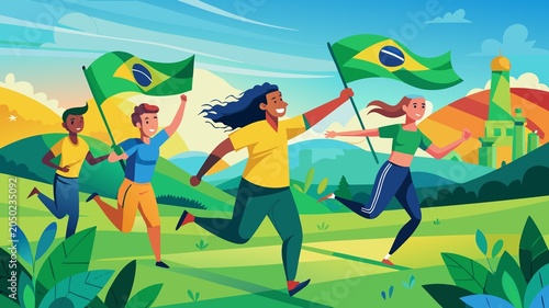 Brazilian Supporters Running with Flags Through Stadium in Dynamic Celebration of Football Victory and National Pride