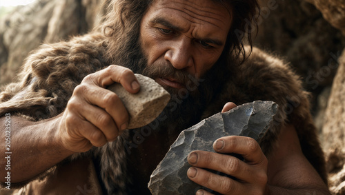 A focused prehistoric man knapping a flint stone to create a sharp tool or weapon, demonstrating early human ingenuity and primitive technology within a rocky cave environment.