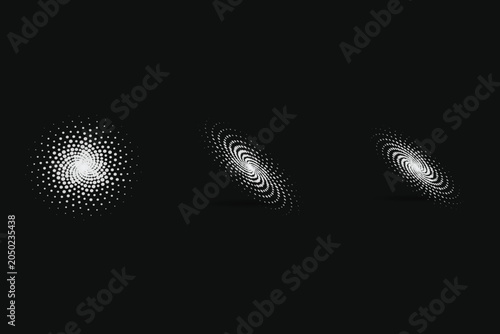 Tableau sur toile Three black-background, dotted spiral patterns, in progressive elongation, dots