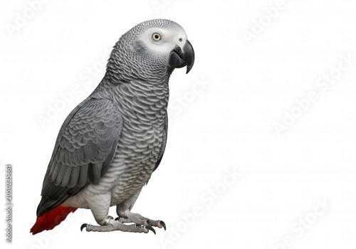 Fototapeta Gray african parrot looking attentive with red feet isolated on transparent background