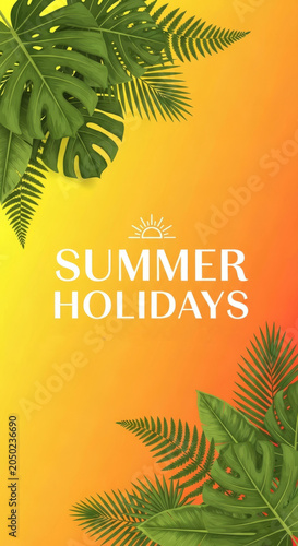 Vertical summer holidays orange gradient background with tropical leaves for mobile wallpaper vertical poster and story design