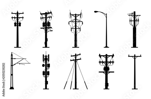 Silhouette collection of utility pole variants, telecom poles, crossarm towers, street lamps, and electrical service masts