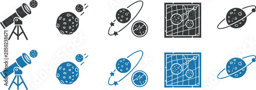 Fotografie Astronomy icons isolated on transparent background featuring planets telescopes