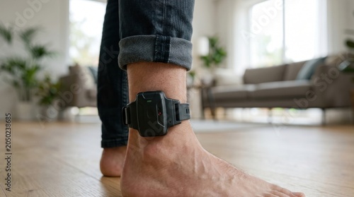 Electronic ankle monitor worn on a person's leg at home, symbolizing house arrest, criminal justice, offender supervision, electronic monitoring and law enforcement