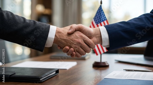 Business handshake in front of a United States flag. Partnership, contract agreement, international cooperation, diplomacy, negotiation and investment concept