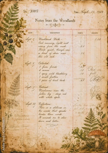 A vintage ledger detailing observations and collections from the woodlands. The aged paper is adorned with botanical illustrations of ferns, berries, and mushrooms.